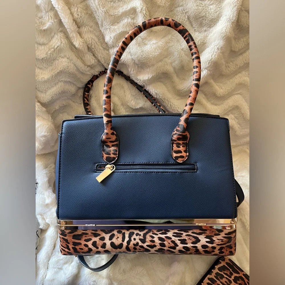 Blue Faux Leather Tote Handbag and Wallet Set